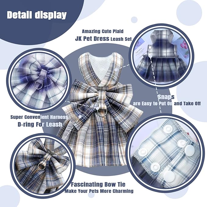 PETCARE Plaid Dog Dress Bow Tie Harness Leash Set for Small Dogs Cats Girl Cute Princess Dog Dresses Spring Summer Puppy Bunny Rabbit Clothes Chihuahua Yorkies Pet Outfits
