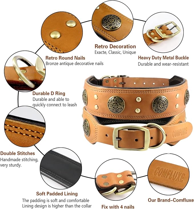 Leather Dog Collar for Large Dogs, 2" Wide Durable Thick Strong Genuine Leather Spike Dog Collar with Metal Buckle, Padded Collar with Studded Design for Large & XL Breeds (Orange,L,XL)