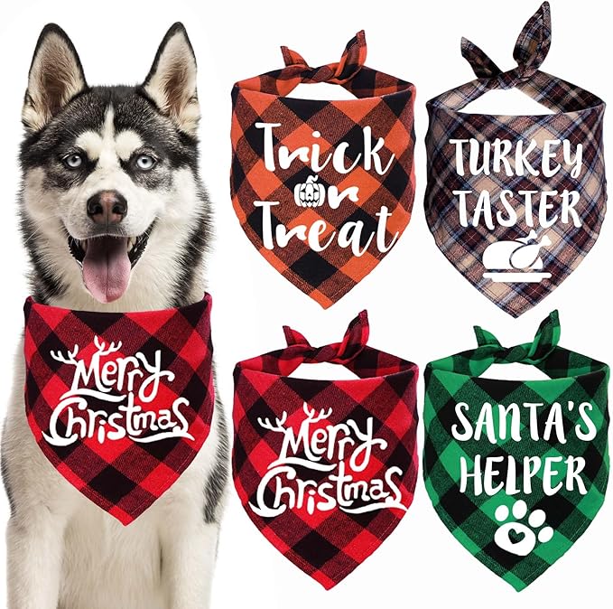 STMK 4 Pack Holiday Dog Bandanas, Halloween Thanksgiving Day Christmas Dog Bandanas for Large Dogs Costumes (Large)