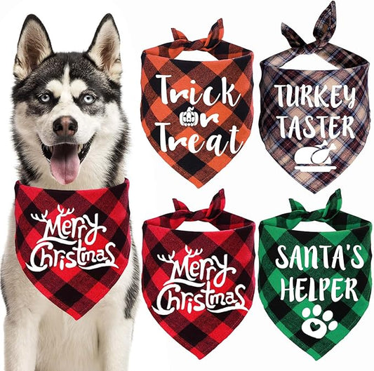 STMK 4 Pack Holiday Dog Bandanas, Halloween Thanksgiving Day Christmas Dog Bandanas for Large Dogs Costumes (Large)