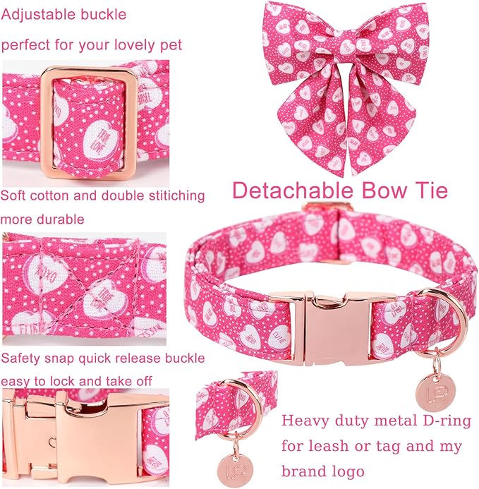Valentine’s Dog Collar with Bow Tie, Pink Heart Bowtie Collar with Metal Buckle, Valentine’s Gift Pet Collar for Puppy Girl Boy Dog or Cat, Wedding Dog Collar, XS