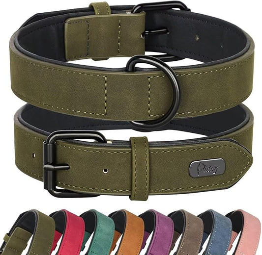 Didog Soft Padded Leather Dog Collar, Breathable Heavy Duty Dog Collar Faux Leather with Adjustable Rust-Proof Metal Buckle for Small Medium Large Dogs, Dark Green, XL Fit Neck 17-21"(44-71 lbs)