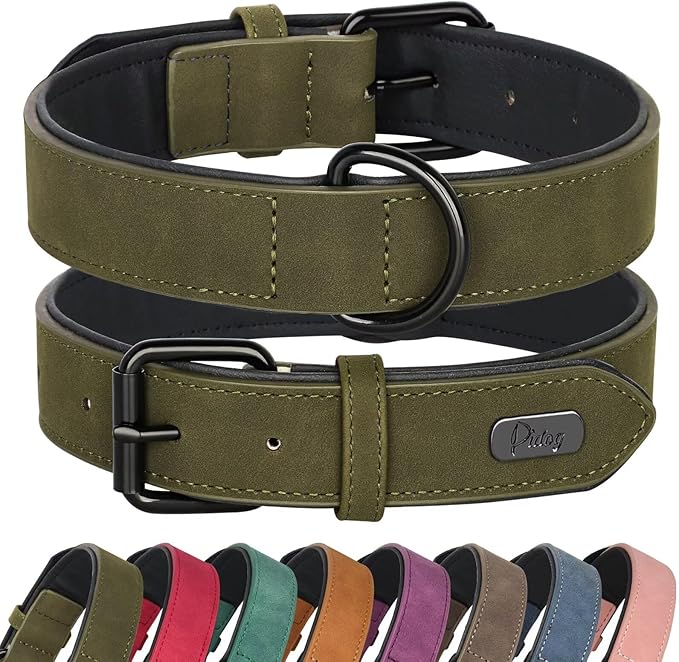 Didog Soft Padded Leather Dog Collar, Breathable Heavy Duty Dog Collar Faux Leather with Adjustable Rust-Proof Metal Buckle for Small Medium Large Dogs, Dark Green, L Fit Neck 13-17"(22-44 lbs)