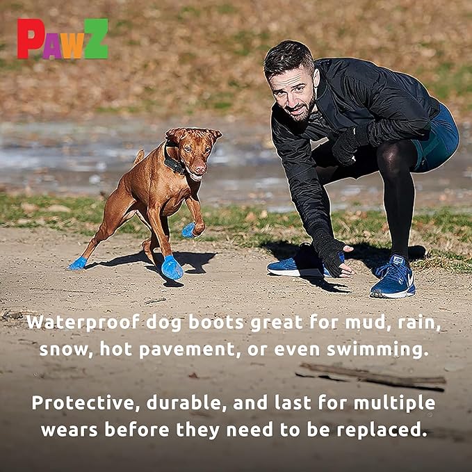 PawZ Rubber Dog Boots for Paws to 3" - All-Weather Dog Booties for Hot Pavement, Sand, Snow, Mud, and Rain - Anti Slip Dog Socks - M, Blue