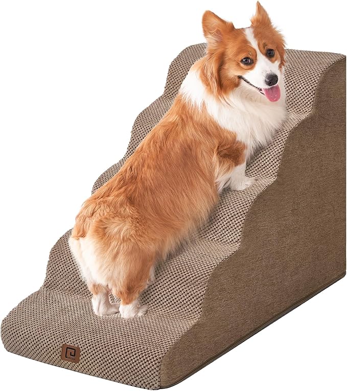EHEYCIGA Curved Dog Stairs Ramp for High Beds, 5-Step Extra Wide Dog Steps for Small Dogs and Cats, Pet Stairs for High Bed Climbing, Non-Slip Balanced Pet Step Indoor, Camel