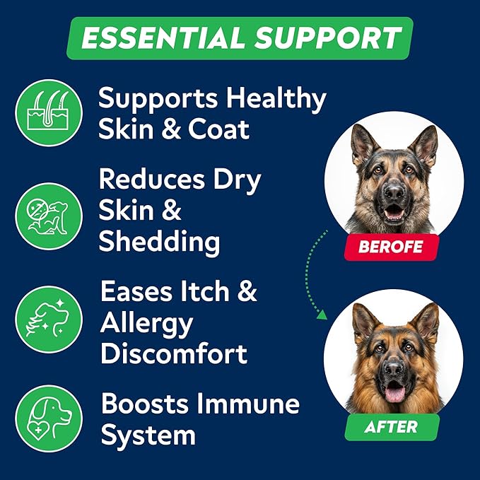 STRELLALAB Omega 3 for Dogs - (180Ct) Fish Oil Treats - Allergy & Itch Relief Skin & Coat Supplement - Dry Itchy Skin, Anti Shedding & Hot Spots Treatment - Pet Salmon Oil Chews - Chicken Flavor