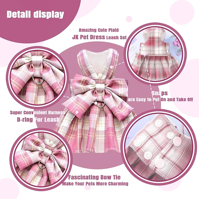 PETCARE Plaid Dog Dress Bow Tie Harness Leash Set for Small Dogs Cats Girl Cute Princess Dog Dresses Spring Summer Puppy Bunny Rabbit Clothes Chihuahua Yorkies Pet Outfits,Chest 19"
