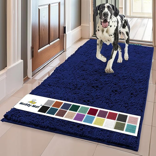 Muddy Mat® Shown on TV – Super Absorbent Microfiber Dog Door Mat for Muddy Paws, Non-Slip Washable Pet Rug, Quick Dry Chenille Entryway Carpet, Machine Washable Indoor Outdoor mat, Navy Blue 59"x35"