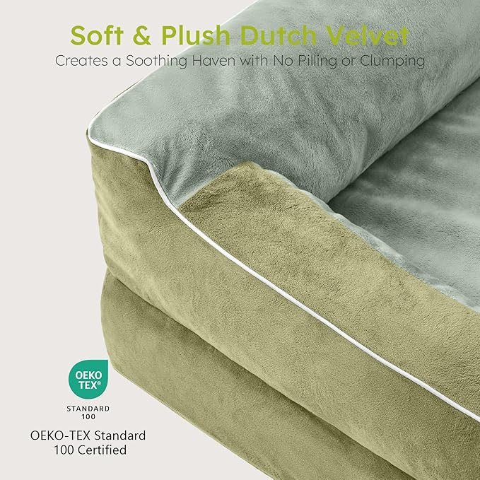 Jumbo Dog Bed for Extra Large Dogs, Orthopedic Dog Bed with Cooling Gel Memory Foam, Waterproof Pet Bed with Removable Washable Cover, 45" Pet Sofa Couch Dutch Velvet with Bone Toy, Dark Green