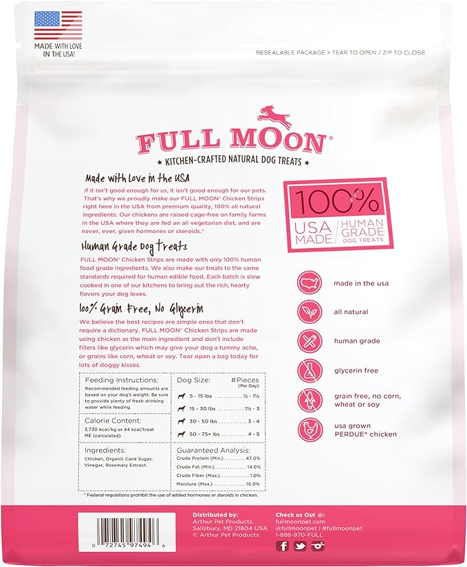 Full Moon Chicken Strips Healthy All Natural Dog Treats Human Grade Made in USA Grain Free, 1.5 Pound (Pack of 2)