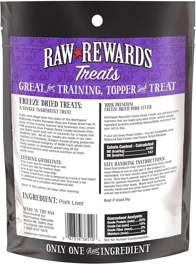 Northwest Naturals Raw Rewards Freeze-Dried Pork Liver Treats for Dogs and Cats - Bite-Sized Pieces - Healthy, 1 Ingredient, Human Grade Pet Food, All Natural - 3 Oz (Pack of 3)