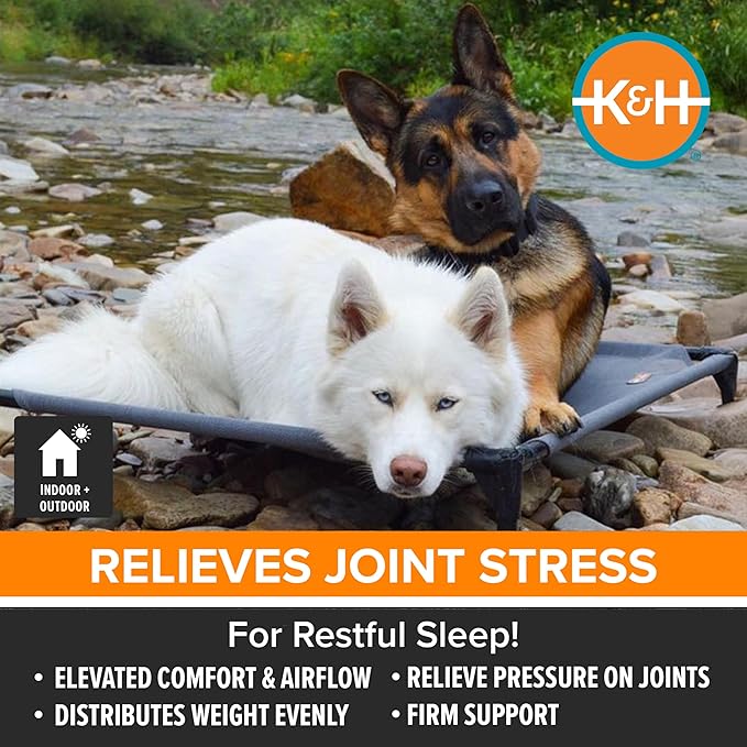 K&H Pet Products Elevated Outdoor Dog Cot Bed, Raised Cooling Bed with Washable Breathable Mesh for Large Dogs, Portable Raised Platform Pet Bed, Heavy Duty Metal Frame Hammock Bed, Large, Gray