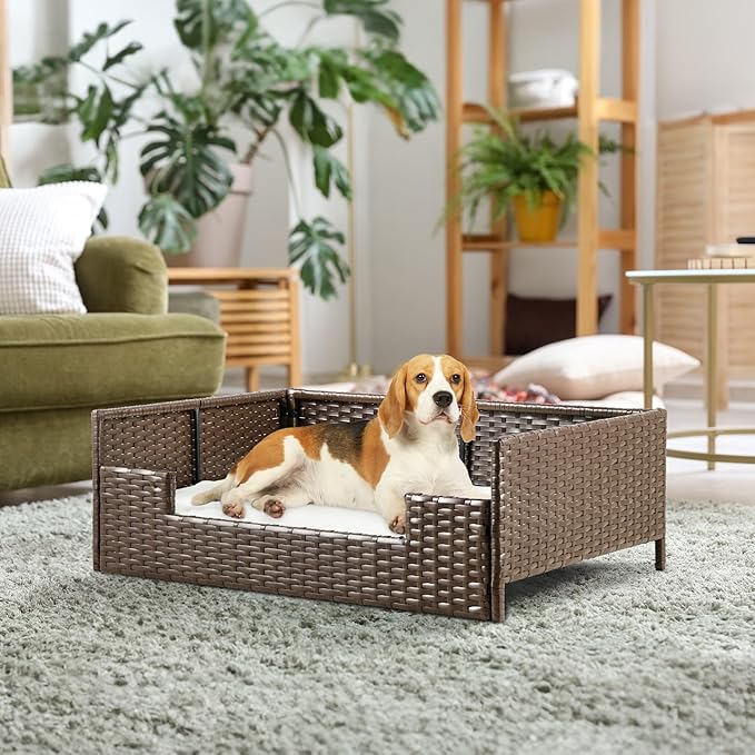 YITAHOME Rattan Dog Sofa Bed with Cushion,Wicker Pet Bed Sofa Couch Indoor Outdoor Water Resistant for Large Medium Small Dogs Cats (24.8''L*19.7''W*9.8'',Beige)
