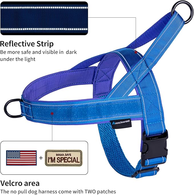 Annchwool No Pull Dog Harness with Soft Padded Handle,Reflective Strip Escape Proof and Quick Fit to Adjust Dog Harness,Easy for Training Walking for Small & Medium and Large Dogs(Blue,XS,1 in Width)