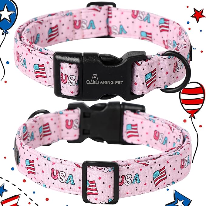 ARING PET 4th of July Dog Collar-Cotton Pink Patriotic Dog Collar, Adjustable American Flag Puppy Collars with Quick Release Buckle for Small Medium Large Dogs