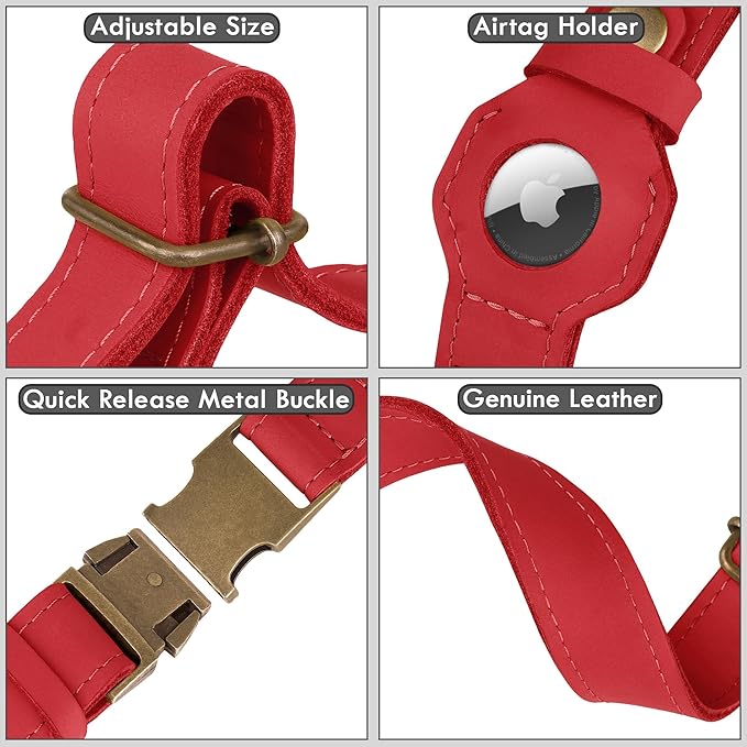 AirTag Dog Collar - Genuine Leather Dog Collar with Apple AirTag Holder and Metal Buckle - Smart GPS Tracking Pet Collars for Small Medium Large Dogs Puppy (Red, L, 17"-21" Neck Fit)