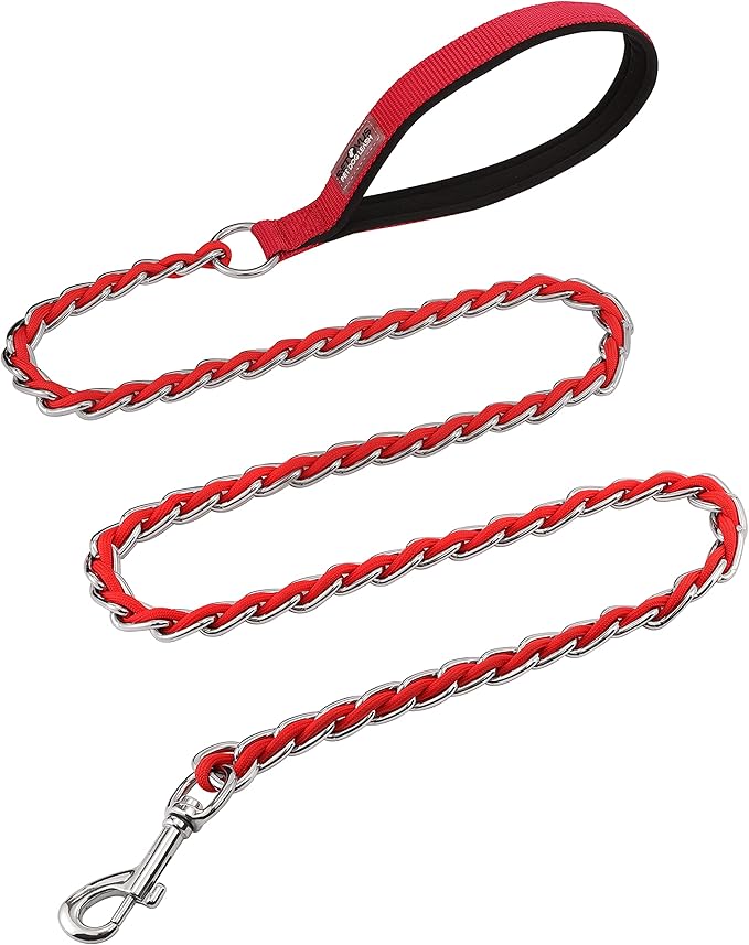 Chew Proof Metal Leash Chain for Medium Large Dogs, 5.2FT Strong Anti Chew, Comfortable Soft Padded Handle - Red