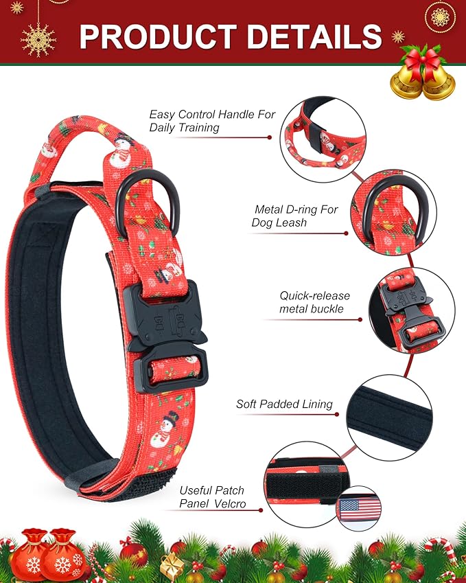 Hotsky Christmas Tactical Dog Collar, Adjustable Military Training Xmas Collar with Handle and Have Duty Metal Buckle for Medium Large Dogs, with Airtag Holder and 2 Patches(Christmas Red,M)