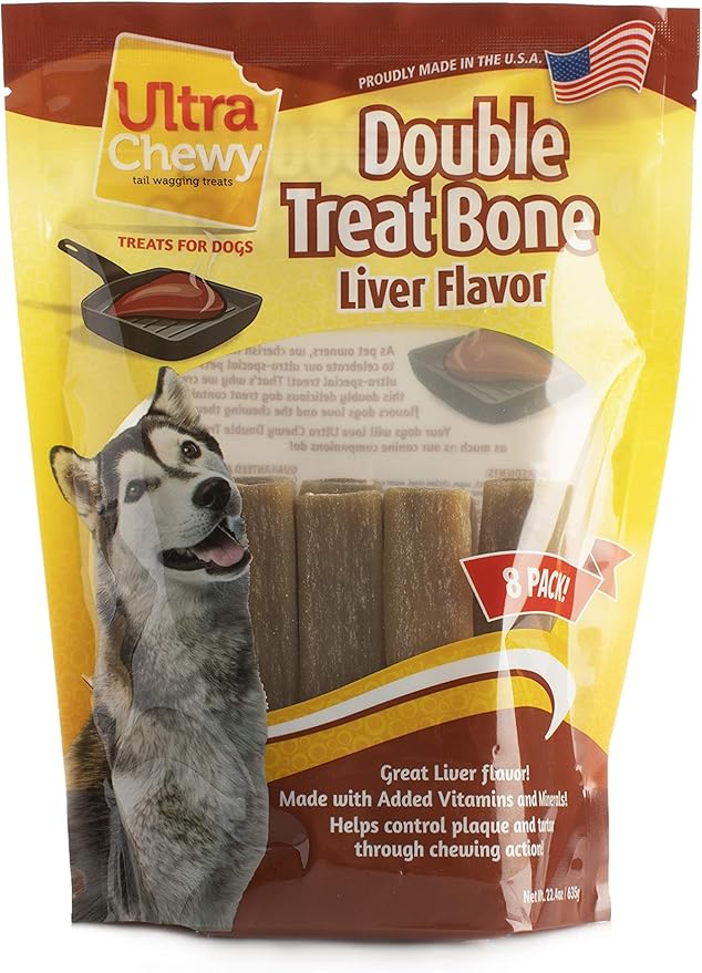 Ultra Chewy Double Treat Bones: Long-Lasting Dog Treats Made in USA for Large and Small Breeds, Highly Digestible, Ideal for Aggressive Chewers (Liver, 2 Value Packs)