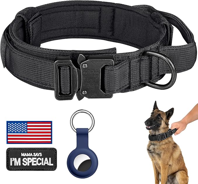 DAGANXI Tactical Dog Collar, Adjustable Military Training Nylon Dog Collar with Control Handle and Heavy Metal Buckle for Medium and Large Dogs, with Patches and Airtags Case (S, Black)