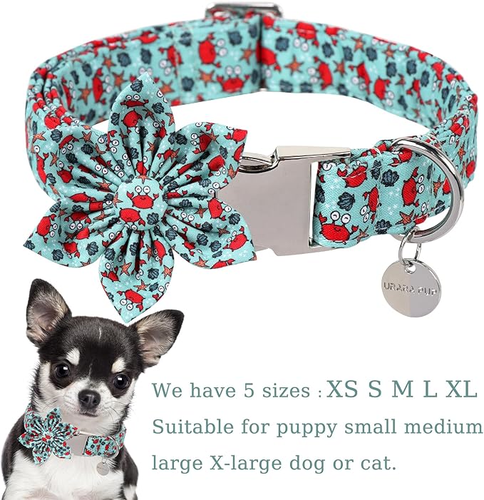 Summer Dog Collar with Flower, Lovely Crab Pattern Dog Bowtie Collar, Detachable Flower Bow Puppy Collar with Adjustable Metal Buckle for Dog and Cats, S
