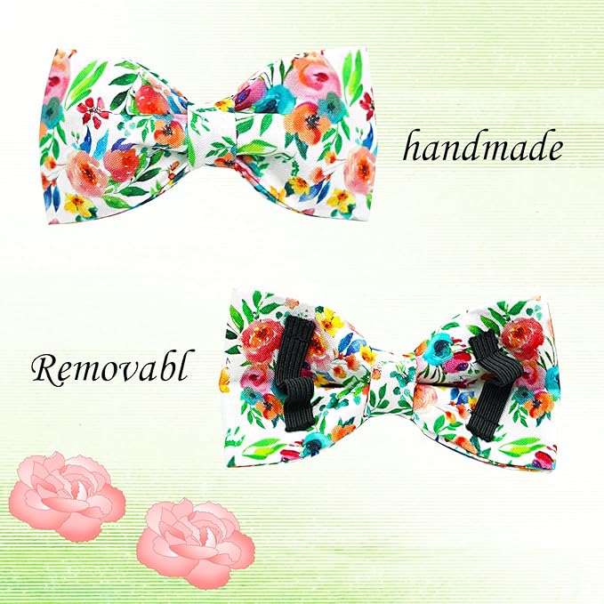 Dog Collar Flowers Print Pet Collar Soft Cute Dog Collar with Bow Tie Adjustable Metal Buckle Collar Gift Collar for Small Dogs