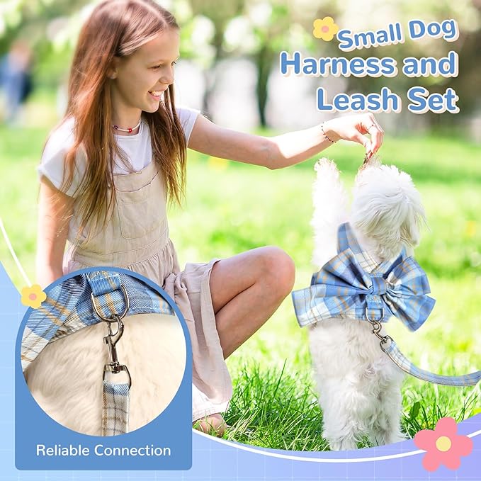 Cute Dog Harness and Leash Set with Bow Tie Soft Mesh Plaid Girl Puppy Harness No Pull Pet Cat Dog Vest Harness for Small Dogs Chihuahua Rabbit Outfit (Blue,S)