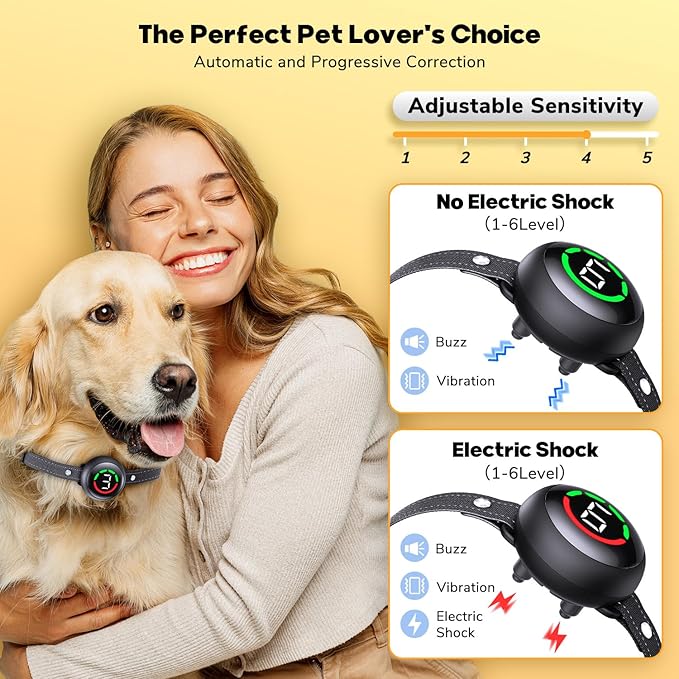 Bark Collar for Large Dog & Medium Dogs, Birkhey Dog Bark Collar, Rechargeable Waterproof Automatic Bark Shock Collar, Anti Barking Collar with Beep Vibrating Shock, 5 Sensitivity
