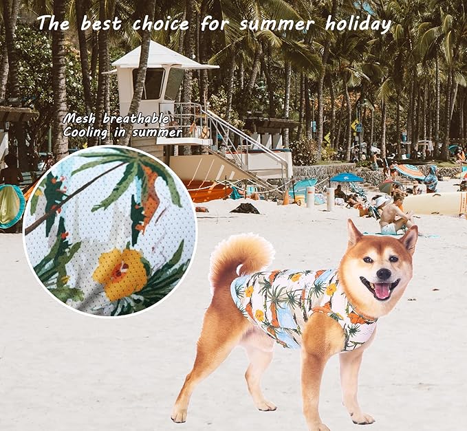 Hawaiian Dog Shirts,Quick Dry Summer Cooling Mesh Coconut Printing T-Shirt for Large Dogs,Blue+Yellow L