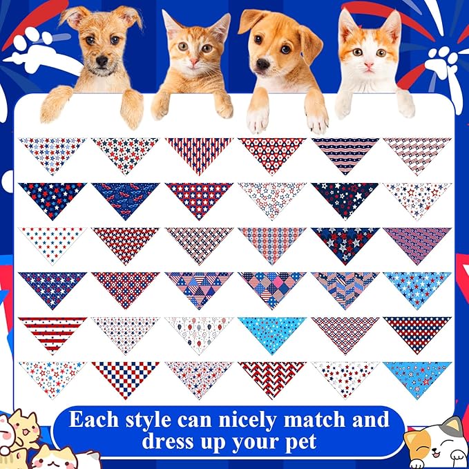 Sanwuta 72 Pcs Dog Bandana Bulk Washable Puppy Triangle Scarfs Cat Bandanas Adjustable Soft Cute Pet Triangle Bibs Accessories for Small Medium Dogs Cats Pets Costume(Independence Day Pattern)