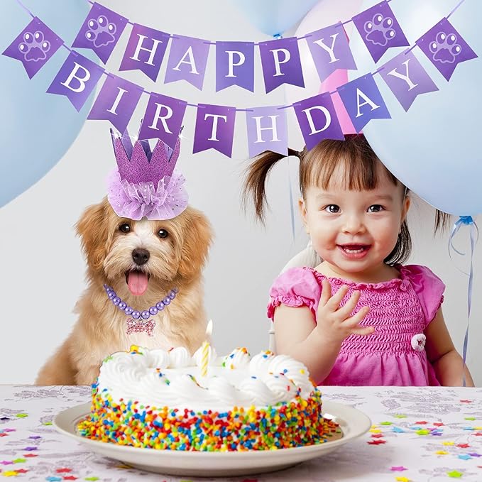 4-Piece Dog Birthday Outfit: Pet Tutu Skirt, Puppy Pearl Necklace, Cat Crown Hat, and Happy Birthday Banner for Pet Party Supplies