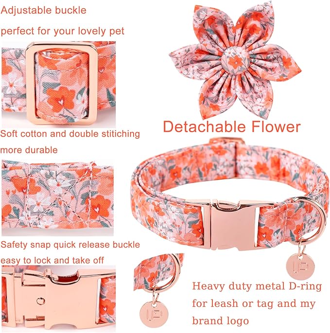 Dog Collar with Flower, UP URARA PUP Cute Orange Flower Dog Bowtie Collar, Detachable Flower Bow Puppy Collar with Metal Buckle for Dogs,S