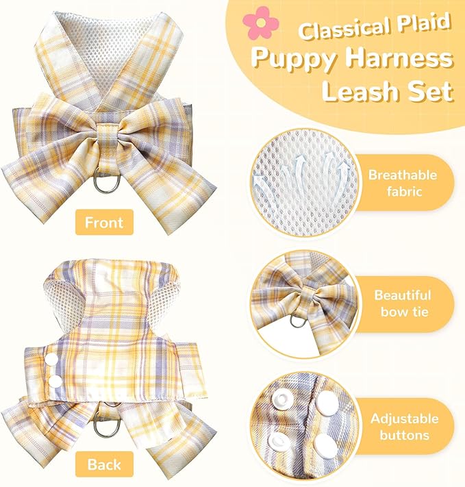 Cute Dog Harness and Leash Set with Bow Tie Soft Mesh Plaid Girl Puppy Harness No Pull Pet Cat Dog Vest Harness for Small Dogs Chihuahua Rabbit Outfit (Yellow,XS)