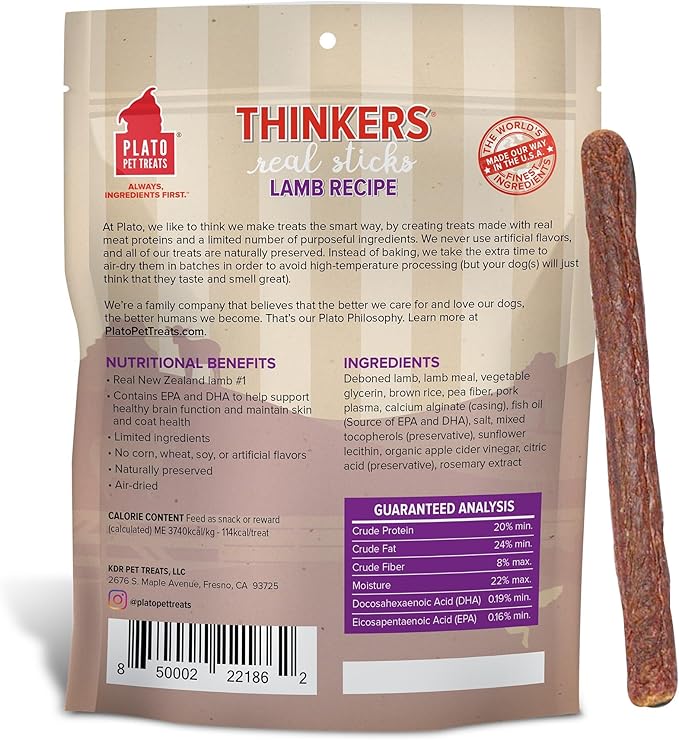 Plato Pet Treats Thinkers - Meat Stick Treats for Dogs - Limited Ingredient Dog Treats with EPA and DHA to Support Skin, Coat, and Brain - Air-Dried Dog Treats - Thinkers Lamb 18oz