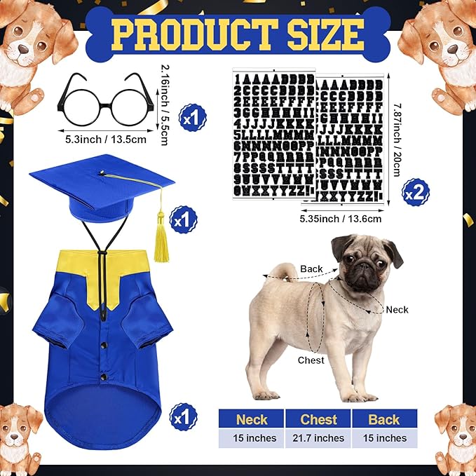 5 Pcs Dog Graduation Costume Set Include 2025 Pet Graduation Gown with Stole Puppy Grad Cap Lensless Glasses DIY Letter Stickers for Dogs Cats Holiday Costume Accessory(Blue Yellow,M)