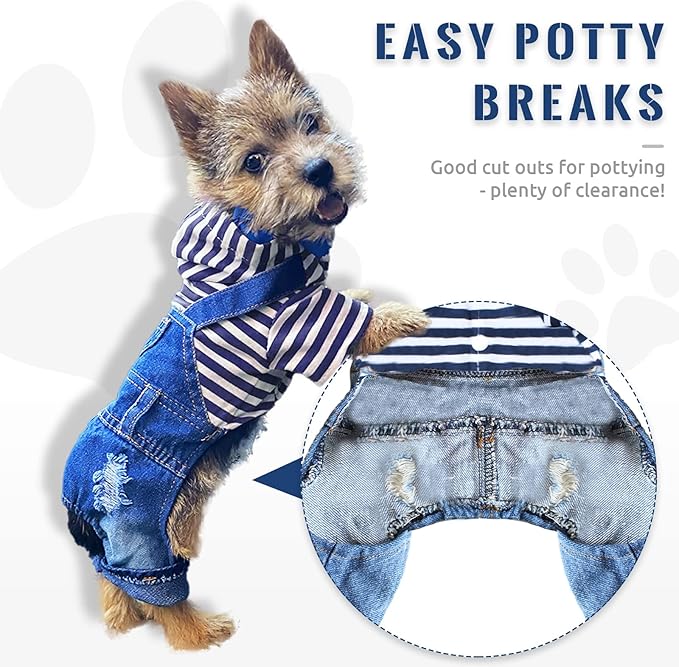 Small Dog Hoodie Clothes Cute Stripe Shirts Denim Jumpsuit One-Piece Outfit for Small Medium Dogs Cats Boy Girl Chihuahua Blue Jeans Overalls Puppy Costume (Blue,S)