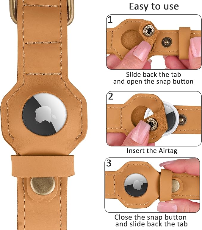 AirTag Dog Collar - Genuine Leather Dog Collar with Apple AirTag Holder and Metal Buckle - Smart GPS Tracking Pet Collars for Small Medium Large Dogs Puppy (Light Brown, L, 17"-21" Neck Fit)