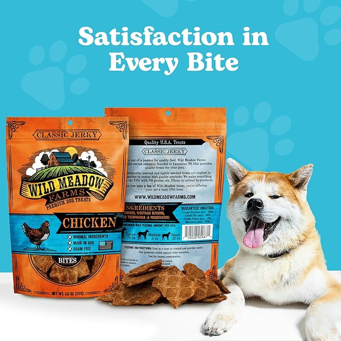 Wild Meadow Farms - Classic Chicken Bites, Soft Jerky Treats for Dogs, Grain-Free & All-Natural, Ideal for Training, Portioning, and High-Value Rewards for All Breeds & Ages - 3.5 Ounce Pouch