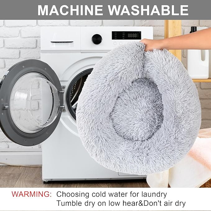 Dog Calming Beds for Small Medium Dogs - Round Donut Washable Dog Bed, Anti-Slip Faux Fur Fluffy Donut Cuddler Anxiety Cat Bed(Light Grey 16")