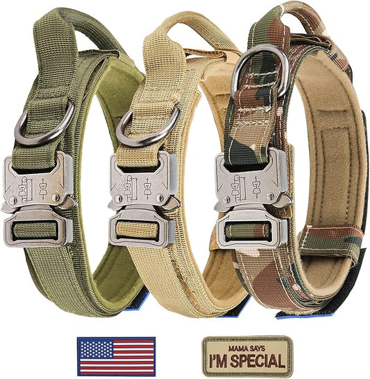 KCUCOP Tactical Dog Collar - Heavy Duty Collar with Handle and Metal Buckle, Military Thick Dog Collars for Medium and Large Dogs(Upgrade Camo-XL, 2 Patches)