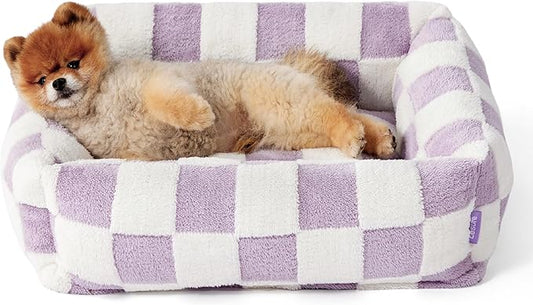 Lesure Cute Dog Bed for Small Dogs - Washable Puppy Beds,Cozy Rectangle Orthopedic Pet Sofa with Jacquard Shaggy Plush & Anti Slip Bottom,25x21x7inches