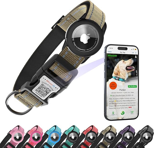 Dog Collar with QR Code, Reflective Dog Collar, Soft Neoprene Padded & Safety Locking Buckle Adjustable Pet Collar (Brown, S-with Airtag Holder)