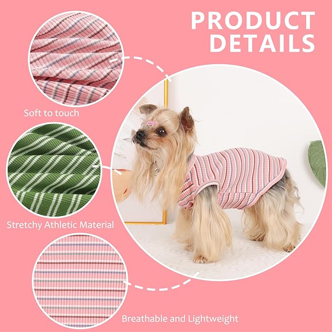 2Pack Dog Shirts for Small Dogs Girl Boy Striped Dog Shirt Vest Soft Stretchy Puppy Clothes Sleeveless Colorful Sweatshirt Small Puppy Outfit for Chihuahua Yorkie, Pink+Green, XS