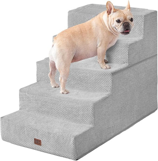 EHEYCIGA Dog Stairs for High Bed 25”H, 5-Step Extra Wide Dog Steps for Bed, Pet Steps for Small Dogs and Cats, Non-Slip Balanced Dog Indoor Ramp, Light Grey