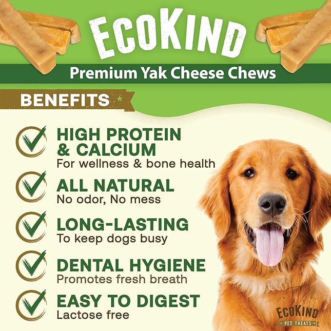 EcoKind Yak Cheese Chews | 1 Stick - 5 oz. | Healthy, Odorless, Rawhide-Free Dog Treats, Long-Lasting Dog Bones for Aggressive Chewers, Indoors & Outdoor Use, Made in The Himalayans