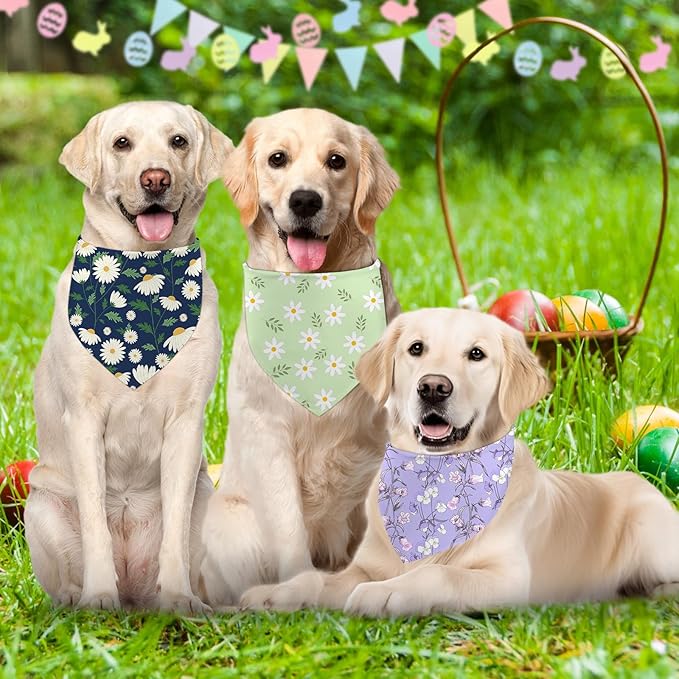 Yuboo Spring Floral Dog Bandanas 3 Pack, Colorful Green Blue Flower Dog Scarf for Boy and Girl, Adjustable Triangle Holiday Birthday Bandanas Scarf for Small Medium Cats Dogs Pets