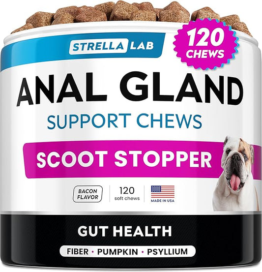 STRELLALAB Anal Gland Support Chews - Scoot Treatment - Digestive Enzymes, Prebiotics & Fiber Supplement for Dogs Digestion & Gut Health. Proprietary Blend of Beet, Psyllium, Dandelion & Pumpkin 120Ct