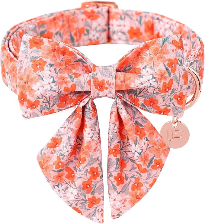 Dog Collar with Bow Tie,UP URARA PUP Orange Flower Bowtie Dog Collar, Summer Bowtie Collar for Puppy Boy Girl Dog, Comfortable Cotton Dog Collar with Metal Buckle,XS