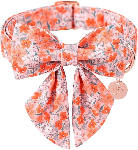 Dog Collar with Bow Tie,UP URARA PUP Orange Flower Bowtie Dog Collar, Summer Bowtie Collar for Puppy Boy Girl Dog, Comfortable Cotton Dog Collar with Metal Buckle,XS
