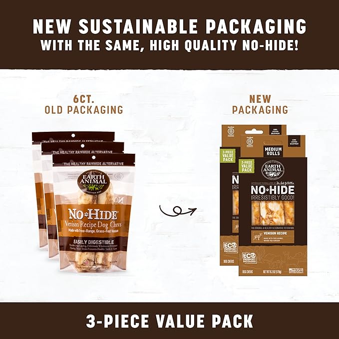 Earth Animal No Hide Medium Venison Flavored Natural Rawhide Free Dog Chews Long Lasting Chew Sticks | Treats for Large Dogs | Great for Aggressive Chewers (3 Pack)